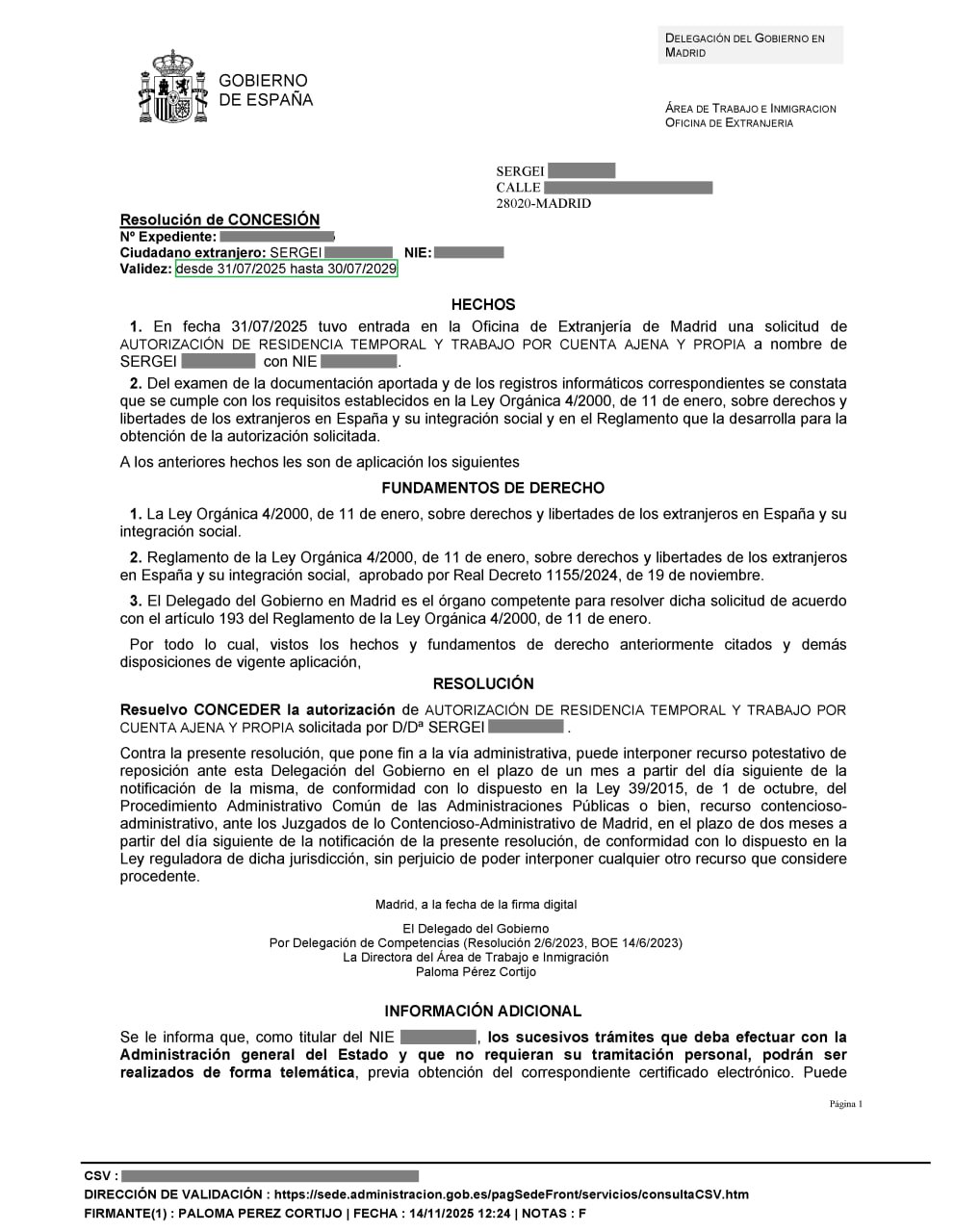 Одобрение модификации DN в cuenta propia
